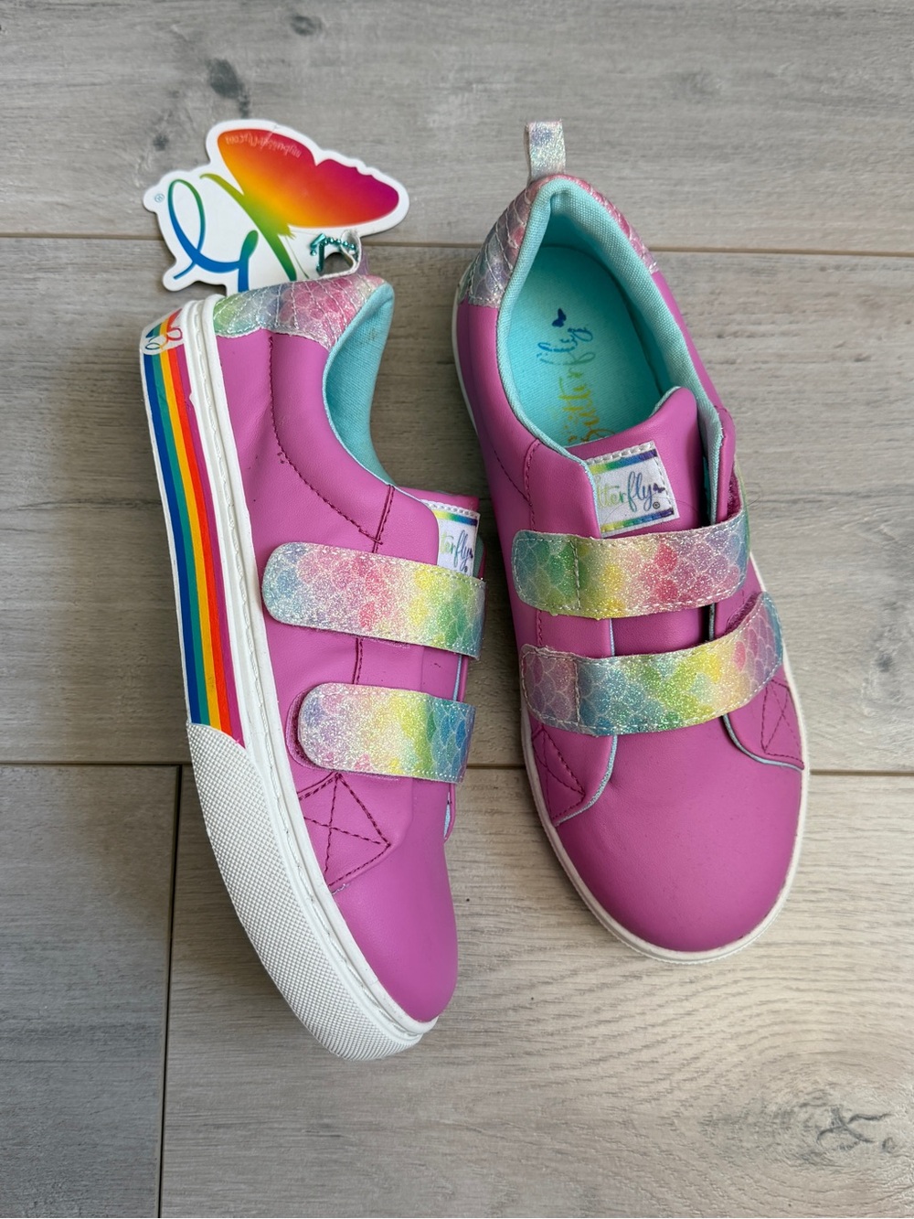 Butterfly Girls' Pink Sneakers with Rainbow Strap and Side Stripe